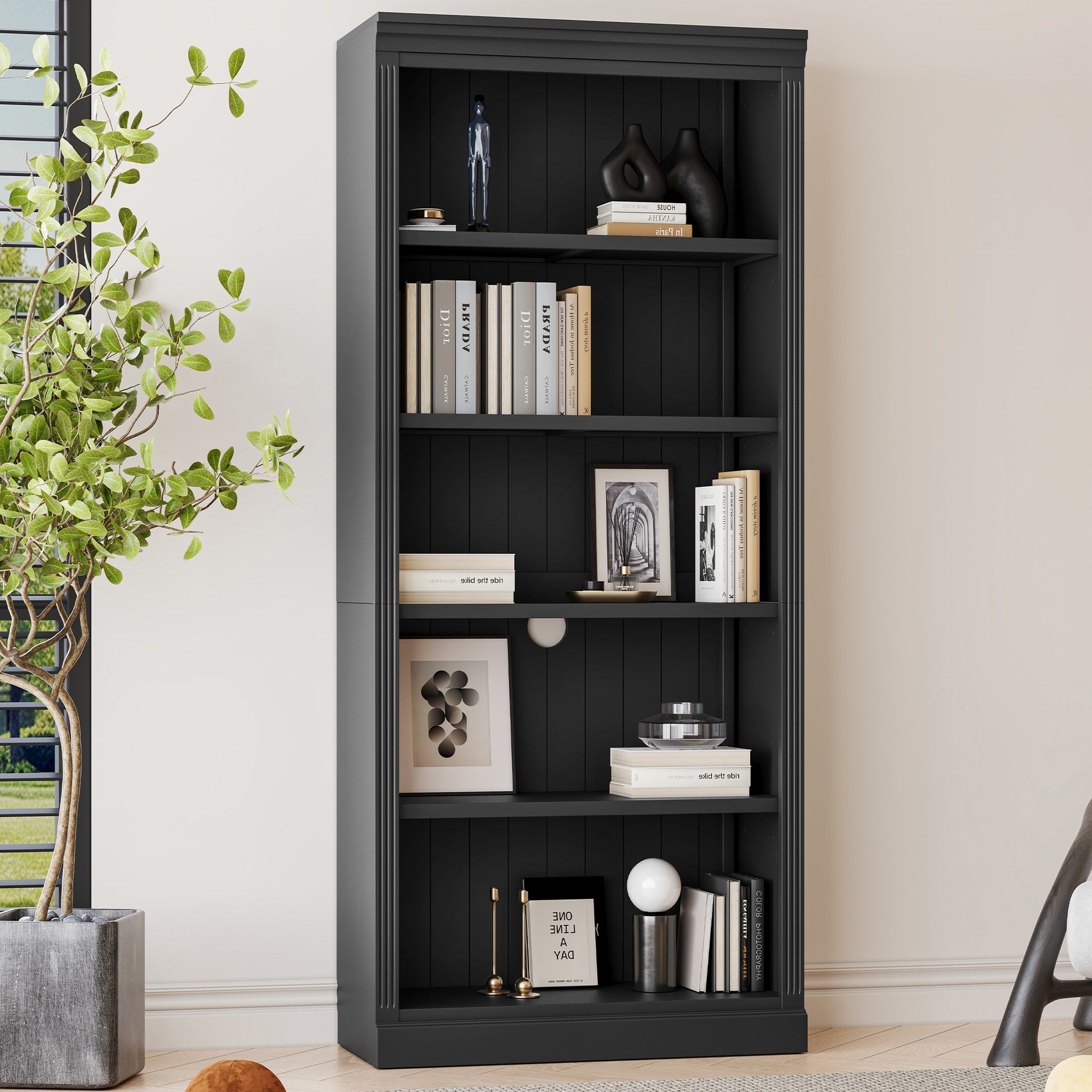 83.4" Tall Wood Bookcase with light strip,5-Tier Decor Bookshelves with Adjustable Shelves,Storage Organizer for CDs/Books/Movies,Free Standing Storage Shelves for Living Room,Home Office,Black