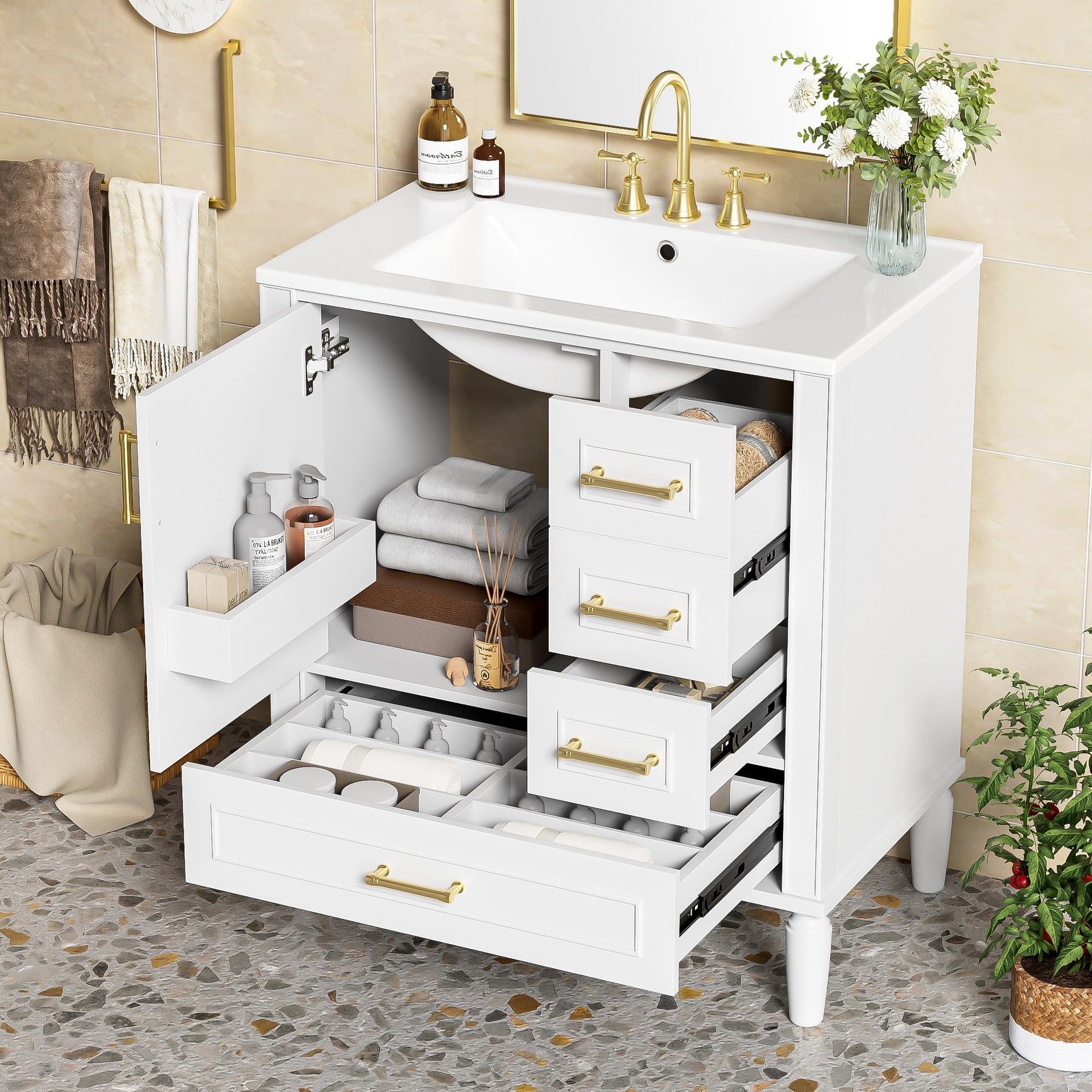 30" Bathroom Vanity with Ceramic Sink, Soft-Close Door with Built-in Shelf, Deep Drawer, Standard Drawer, Long Divider Drawer, Ample Storage Cabinet for Bathroom, Modern & Functional Design