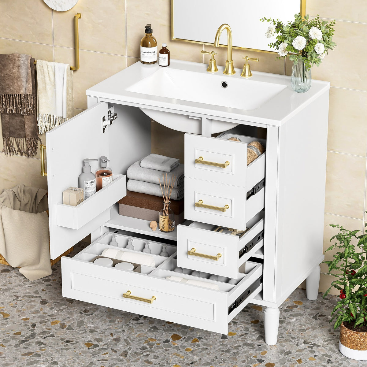 30" Bathroom Vanity with Ceramic Sink, Soft-Close Door with Built-in Shelf, Deep Drawer, Standard Drawer, Long Divider Drawer, Ample Storage Cabinet for Bathroom, Modern & Functional Design