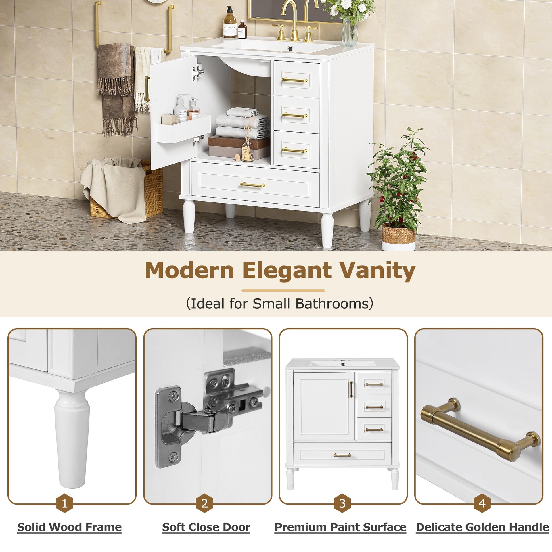 30" Bathroom Vanity with Ceramic Sink, Soft-Close Door with Built-in Shelf, Deep Drawer, Standard Drawer, Long Divider Drawer, Ample Storage Cabinet for Bathroom, Modern & Functional Design