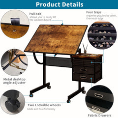 1500 pieces Jigsaw Puzzle metal Table board for adults gift with 4 trays, 2 Storage drawers and 4 wheels (black)
