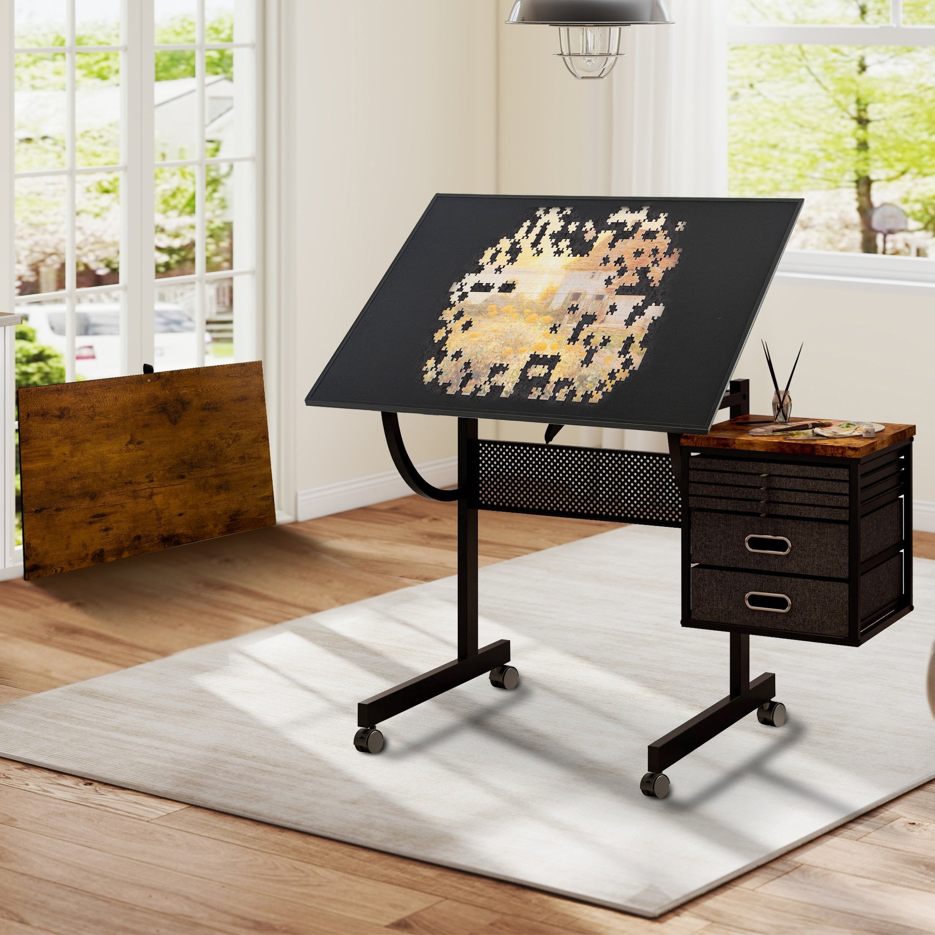 1500 pieces Jigsaw Puzzle metal Table board for adults gift with 4 trays, 2 Storage drawers and 4 wheels (black)
