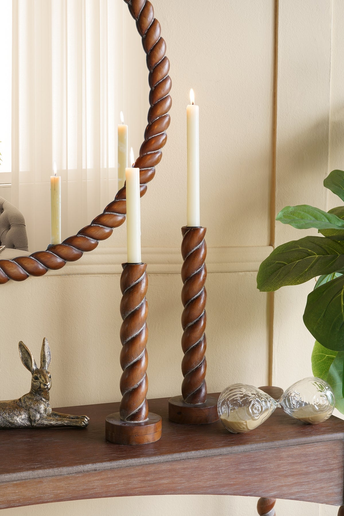 S/2 Brown Birch Wood Candle Holders with Spiral Design, S:3.5x3.5x11"  L:3.5x3.5x13"