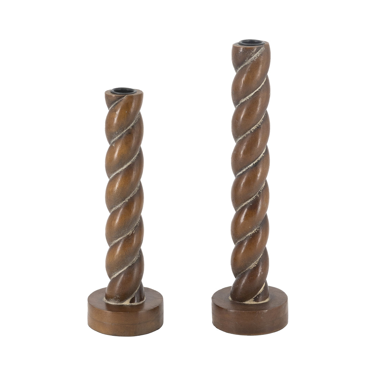 S/2 Brown Birch Wood Candle Holders with Spiral Design, S:3.5x3.5x11"  L:3.5x3.5x13"