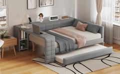 Full Size Upholstered Platform Bed with Storage Shelves, Desk, Charging Station and Trundle, Gray