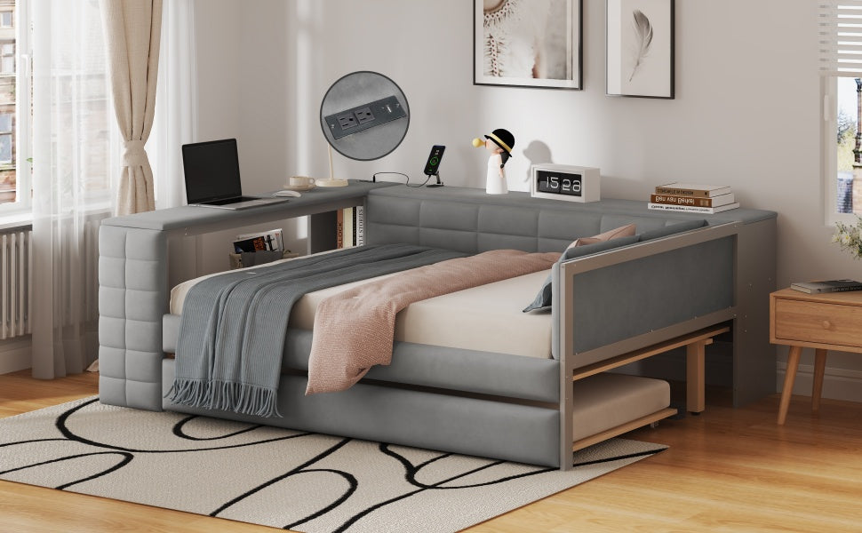 Full Size Upholstered Platform Bed with Storage Shelves, Desk, Charging Station and Trundle, Gray