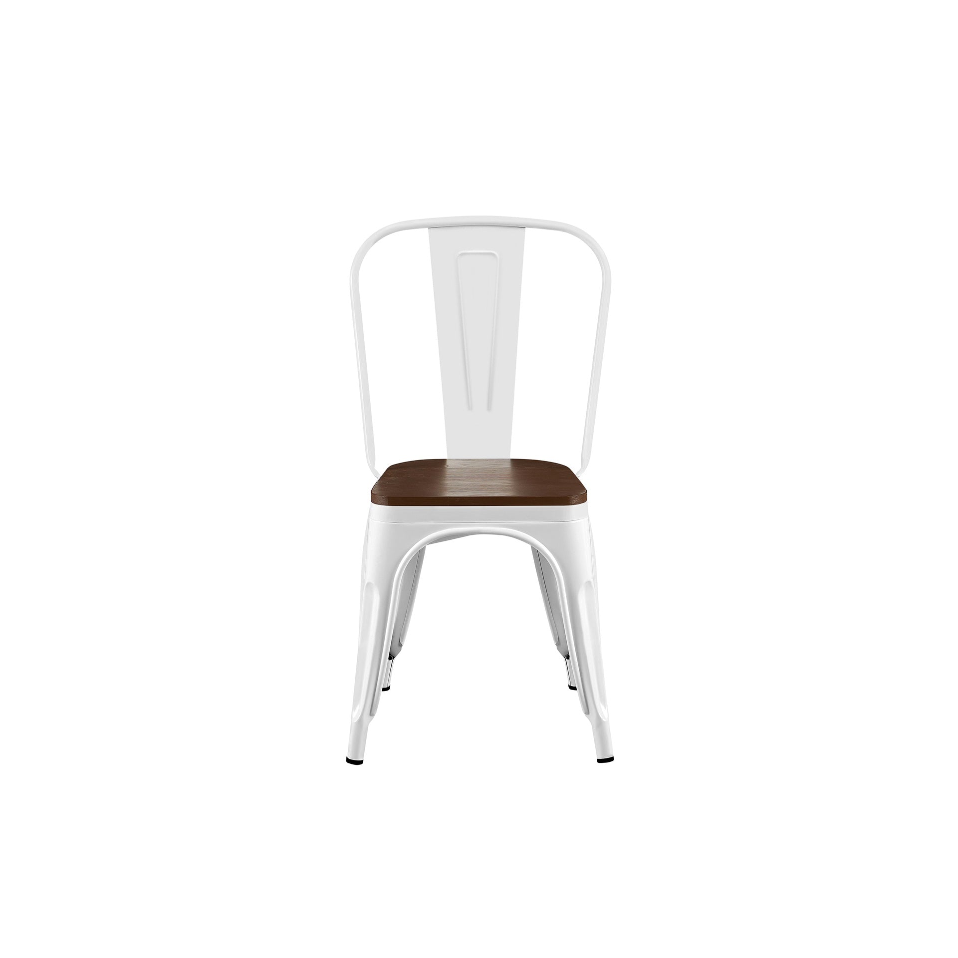 Set of 2 High Gloss White with Walnut Wooden Seat Industrial Metal Dining Chairs 18 Inch Seat Height Stackable, Indoor Outdoor, Lightweight Easy-Clean Surface, Easy Assembly, Durable Modern Design