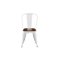 Set of 2 High Gloss White with Walnut Wooden Seat Industrial Metal Dining Chairs 18 Inch Seat Height Stackable, Indoor Outdoor, Lightweight Easy-Clean Surface, Easy Assembly, Durable Modern Design