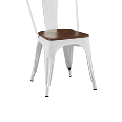 Set of 2 High Gloss White with Walnut Wooden Seat Industrial Metal Dining Chairs 18 Inch Seat Height Stackable, Indoor Outdoor, Lightweight Easy-Clean Surface, Easy Assembly, Durable Modern Design