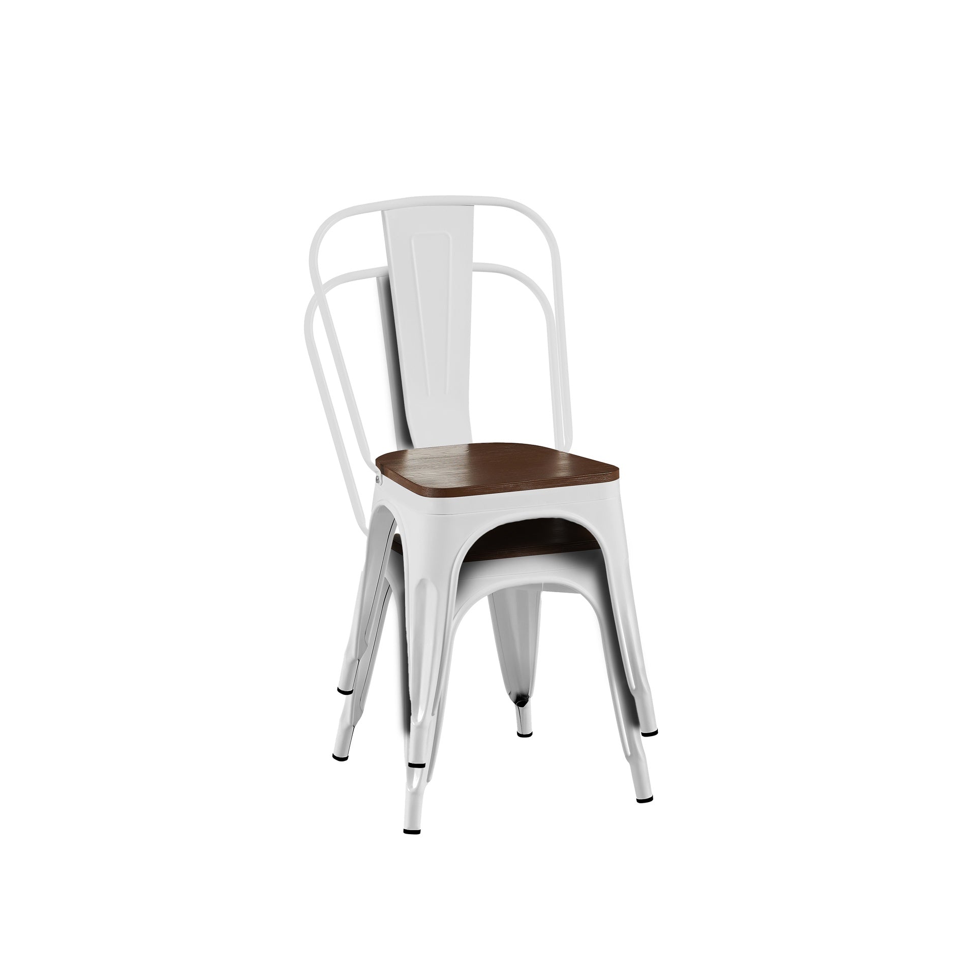 Set of 2 High Gloss White with Walnut Wooden Seat Industrial Metal Dining Chairs 18 Inch Seat Height Stackable, Indoor Outdoor, Lightweight Easy-Clean Surface, Easy Assembly, Durable Modern Design