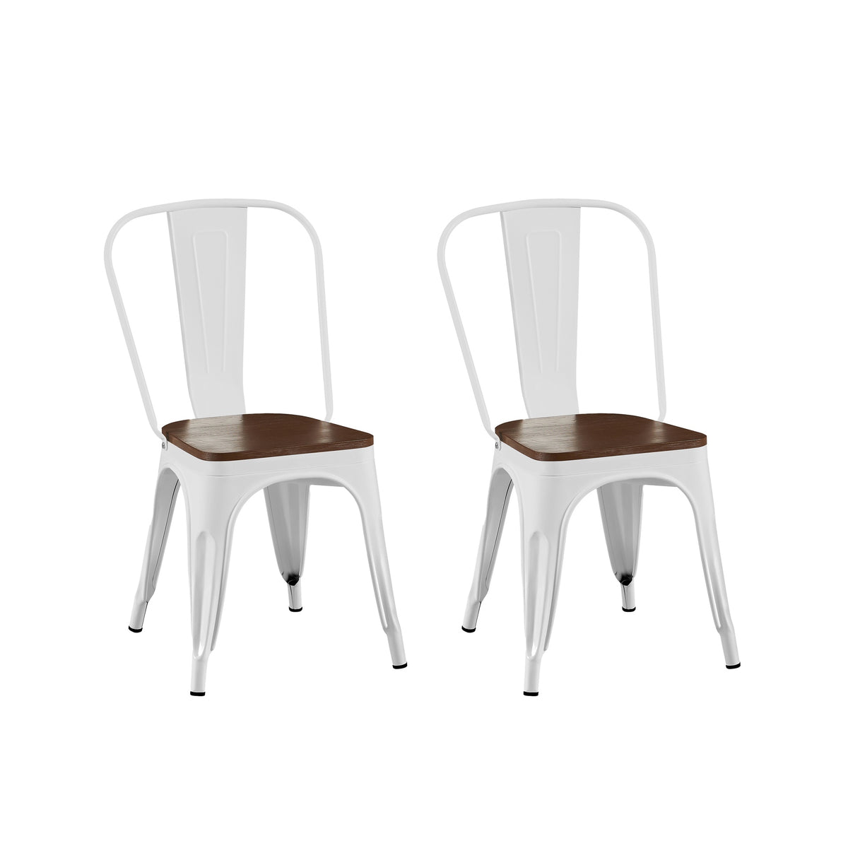 Set of 2 High Gloss White with Walnut Wooden Seat Industrial Metal Dining Chairs 18 Inch Seat Height Stackable, Indoor Outdoor, Lightweight Easy-Clean Surface, Easy Assembly, Durable Modern Design