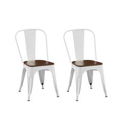 Set of 2 High Gloss White with Walnut Wooden Seat Industrial Metal Dining Chairs 18 Inch Seat Height Stackable, Indoor Outdoor, Lightweight Easy-Clean Surface, Easy Assembly, Durable Modern Design