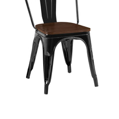 Set of 2 High Gloss Black with Walnut Wooden Seat Industrial Metal Dining Chairs 18 Inch Seat Height Stackable, Indoor Outdoor, Lightweight Easy-Clean Surface, Easy Assembly, Durable Modern Design