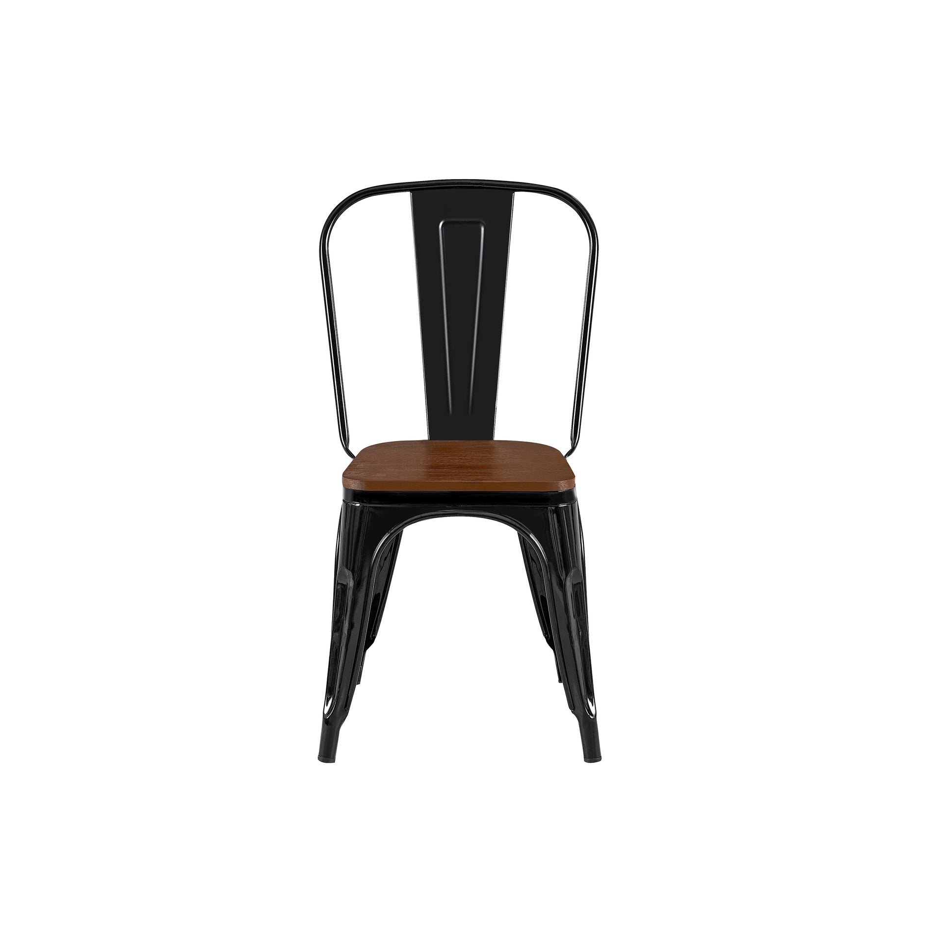 Set of 2 High Gloss Black with Walnut Wooden Seat Industrial Metal Dining Chairs 18 Inch Seat Height Stackable, Indoor Outdoor, Lightweight Easy-Clean Surface, Easy Assembly, Durable Modern Design