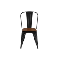 Set of 2 High Gloss Black with Walnut Wooden Seat Industrial Metal Dining Chairs 18 Inch Seat Height Stackable, Indoor Outdoor, Lightweight Easy-Clean Surface, Easy Assembly, Durable Modern Design
