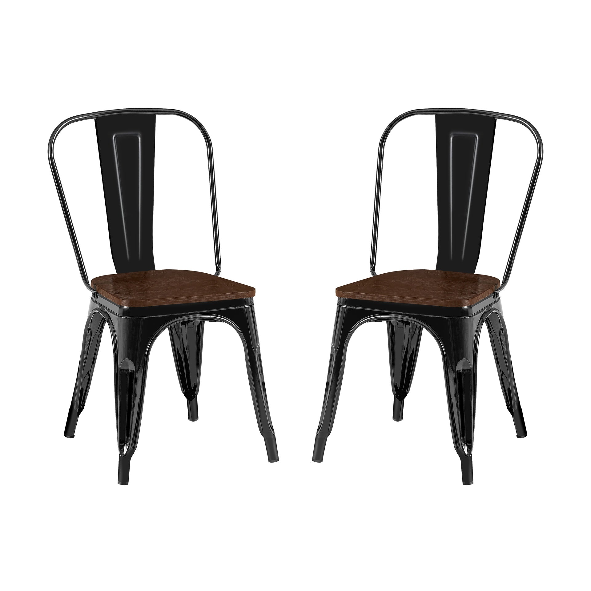 Set of 2 High Gloss Black with Walnut Wooden Seat Industrial Metal Dining Chairs 18 Inch Seat Height Stackable, Indoor Outdoor, Lightweight Easy-Clean Surface, Easy Assembly, Durable Modern Design