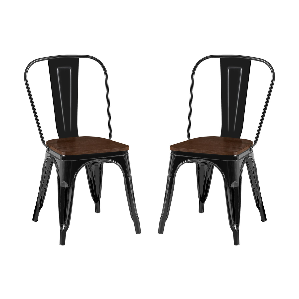 Set of 2 High Gloss Black with Walnut Wooden Seat Industrial Metal Dining Chairs 18 Inch Seat Height Stackable, Indoor Outdoor, Lightweight Easy-Clean Surface, Easy Assembly, Durable Modern Design