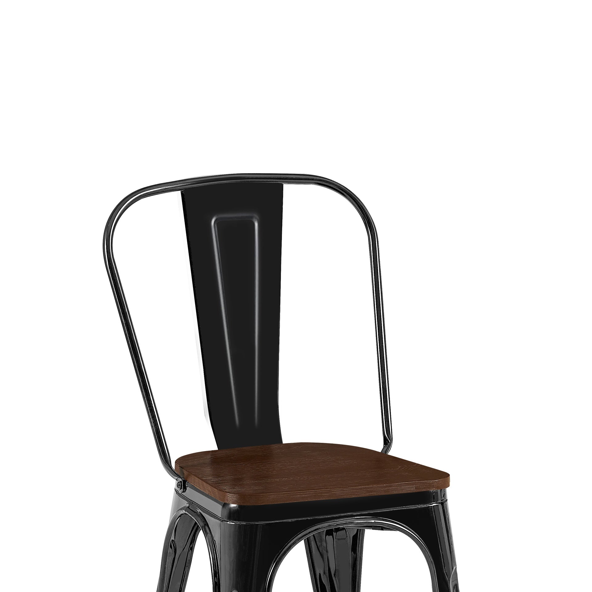 Set of 2 High Gloss Black with Walnut Wooden Seat Industrial Metal Dining Chairs 18 Inch Seat Height Stackable, Indoor Outdoor, Lightweight Easy-Clean Surface, Easy Assembly, Durable Modern Design