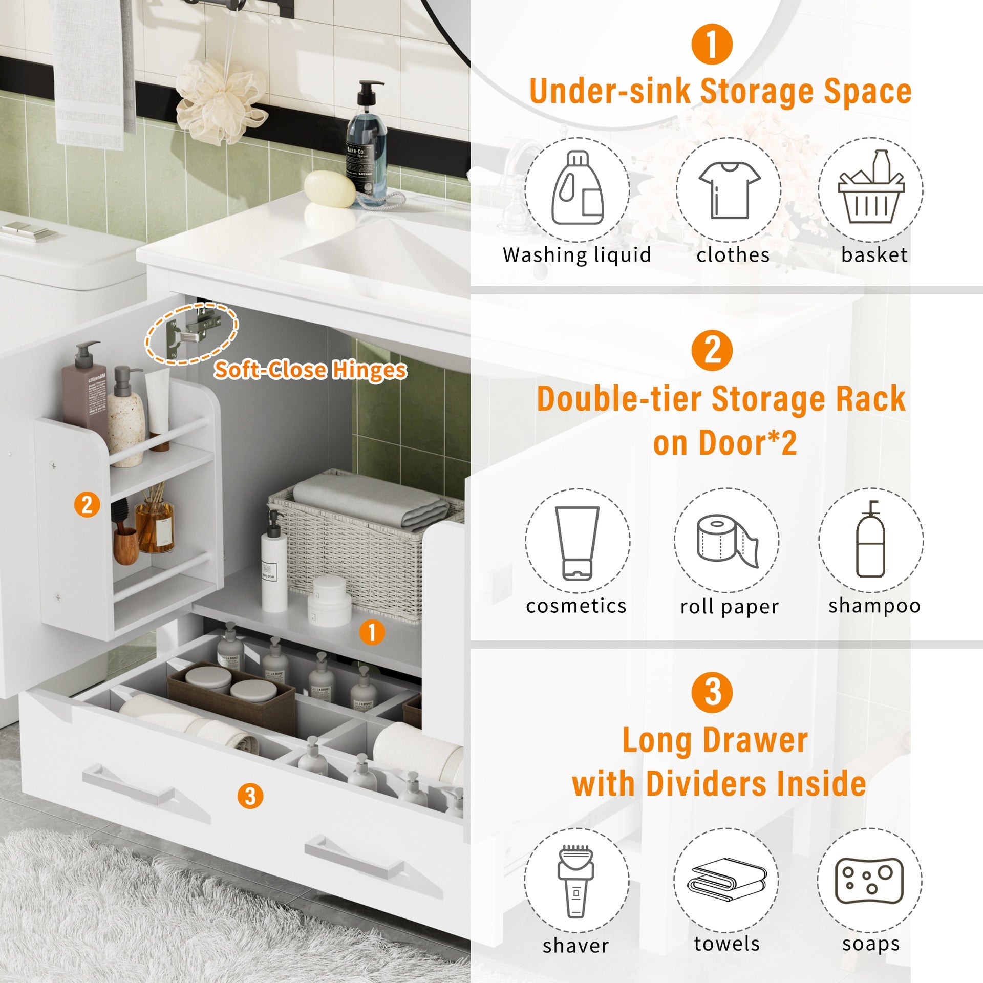 36" White Bathroom Vanity with Ceramic Sink, Soft-Close Doors, Double Storage Shelves & Divided Drawer – Modern Bathroom Cabinet with Ample Storage