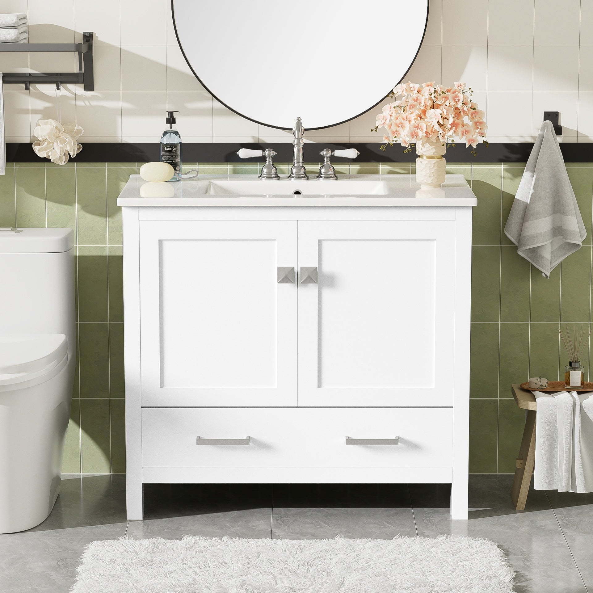 36" White Bathroom Vanity with Ceramic Sink, Soft-Close Doors, Double Storage Shelves & Divided Drawer – Modern Bathroom Cabinet with Ample Storage