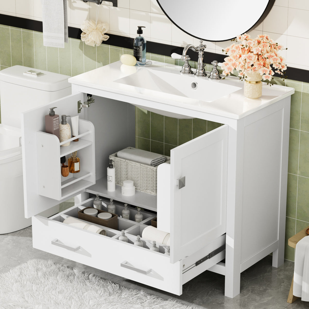 36" White Bathroom Vanity with Ceramic Sink, Soft-Close Doors, Double Storage Shelves & Divided Drawer – Modern Bathroom Cabinet with Ample Storage