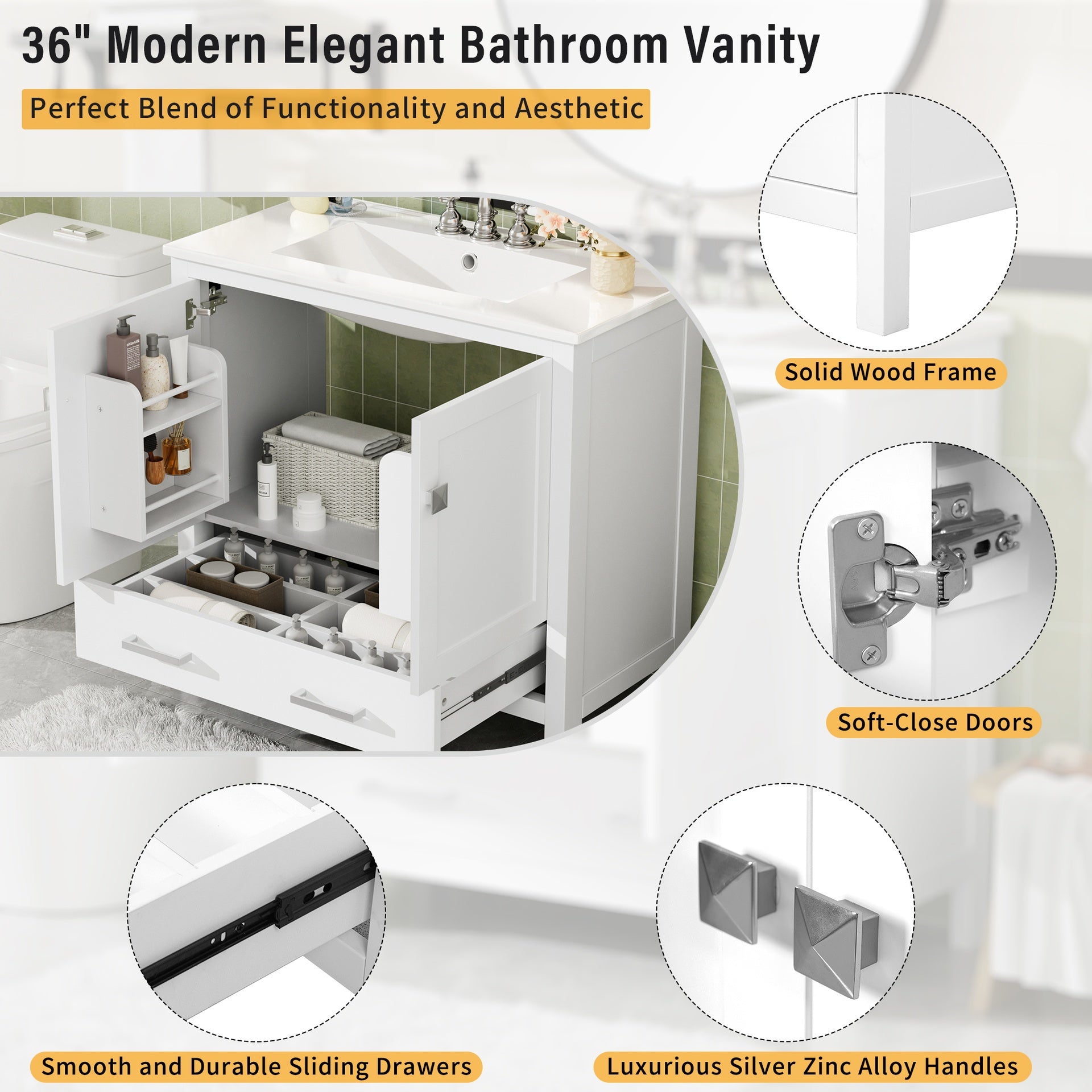 36" White Bathroom Vanity with Ceramic Sink, Soft-Close Doors, Double Storage Shelves & Divided Drawer – Modern Bathroom Cabinet with Ample Storage