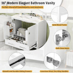 36" White Bathroom Vanity with Ceramic Sink, Soft-Close Doors, Double Storage Shelves & Divided Drawer – Modern Bathroom Cabinet with Ample Storage