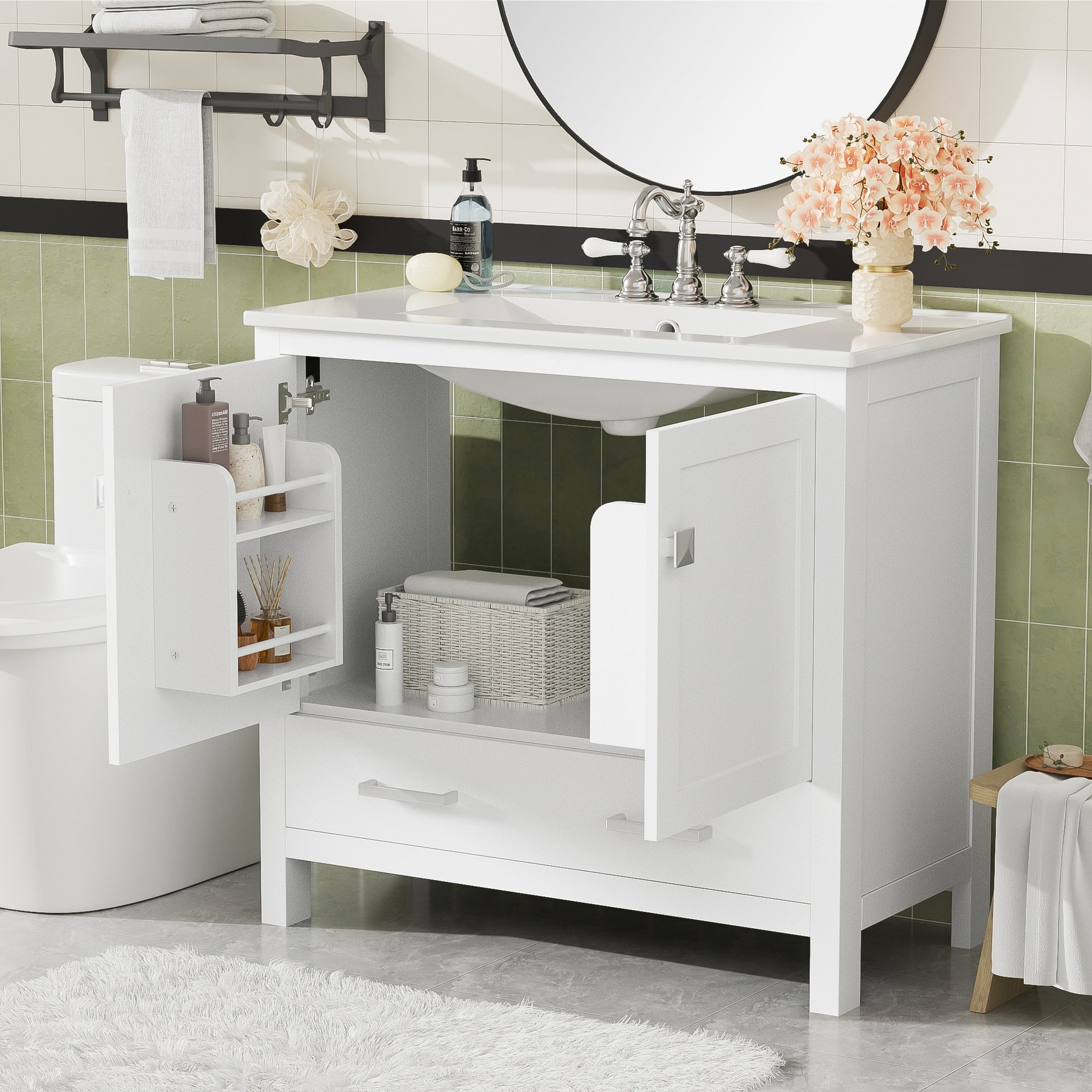 36" White Bathroom Vanity with Ceramic Sink, Soft-Close Doors, Double Storage Shelves & Divided Drawer – Modern Bathroom Cabinet with Ample Storage
