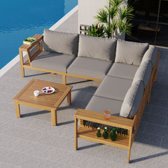 <Old SKU: N704G201249E> 4 Pieces Outdoor Acacia Wood Sofa Set, Woven Mesh Armrests, L-Shaped Patio Furniture Sofa Set with Coffee Table, Outdoor Conversation Set with Gray Cushions and Side Table