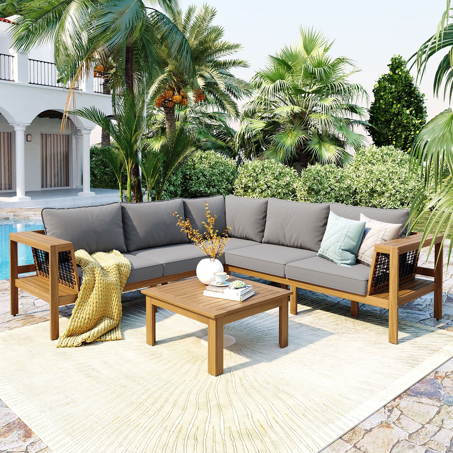 <Old SKU: N704G201249E> 4 Pieces Outdoor Acacia Wood Sofa Set, Woven Mesh Armrests, L-Shaped Patio Furniture Sofa Set with Coffee Table, Outdoor Conversation Set with Gray Cushions and Side Table