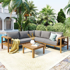 <Old SKU: N704G201249E> 4 Pieces Outdoor Acacia Wood Sofa Set, Woven Mesh Armrests, L-Shaped Patio Furniture Sofa Set with Coffee Table, Outdoor Conversation Set with Gray Cushions and Side Table