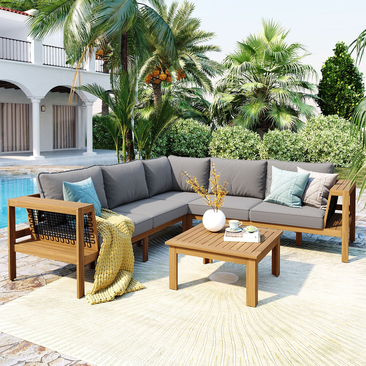 <Old SKU: N704G201249E> 4 Pieces Outdoor Acacia Wood Sofa Set, Woven Mesh Armrests, L-Shaped Patio Furniture Sofa Set with Coffee Table, Outdoor Conversation Set with Gray Cushions and Side Table