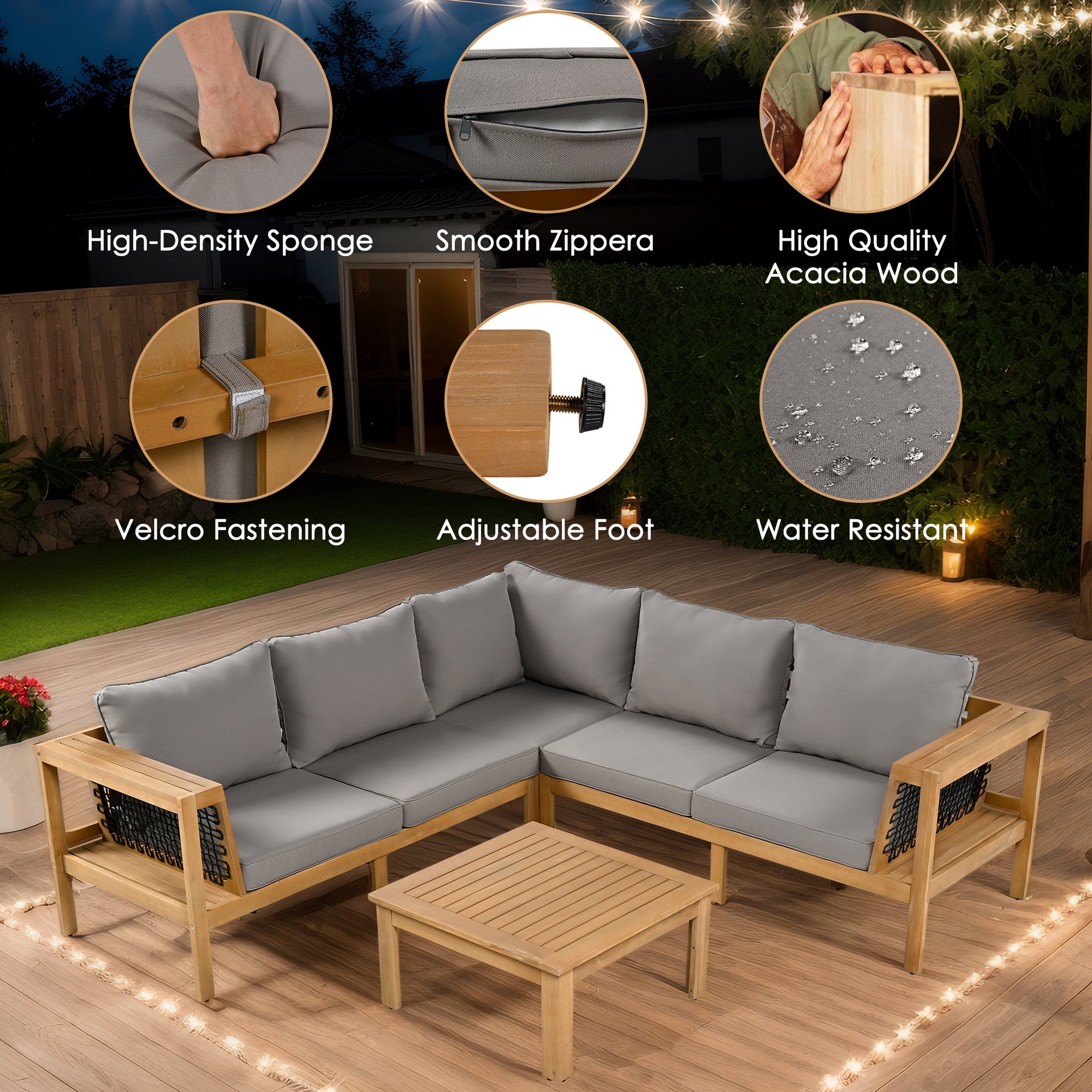 <Old SKU: N704G201249E> 4 Pieces Outdoor Acacia Wood Sofa Set, Woven Mesh Armrests, L-Shaped Patio Furniture Sofa Set with Coffee Table, Outdoor Conversation Set with Gray Cushions and Side Table