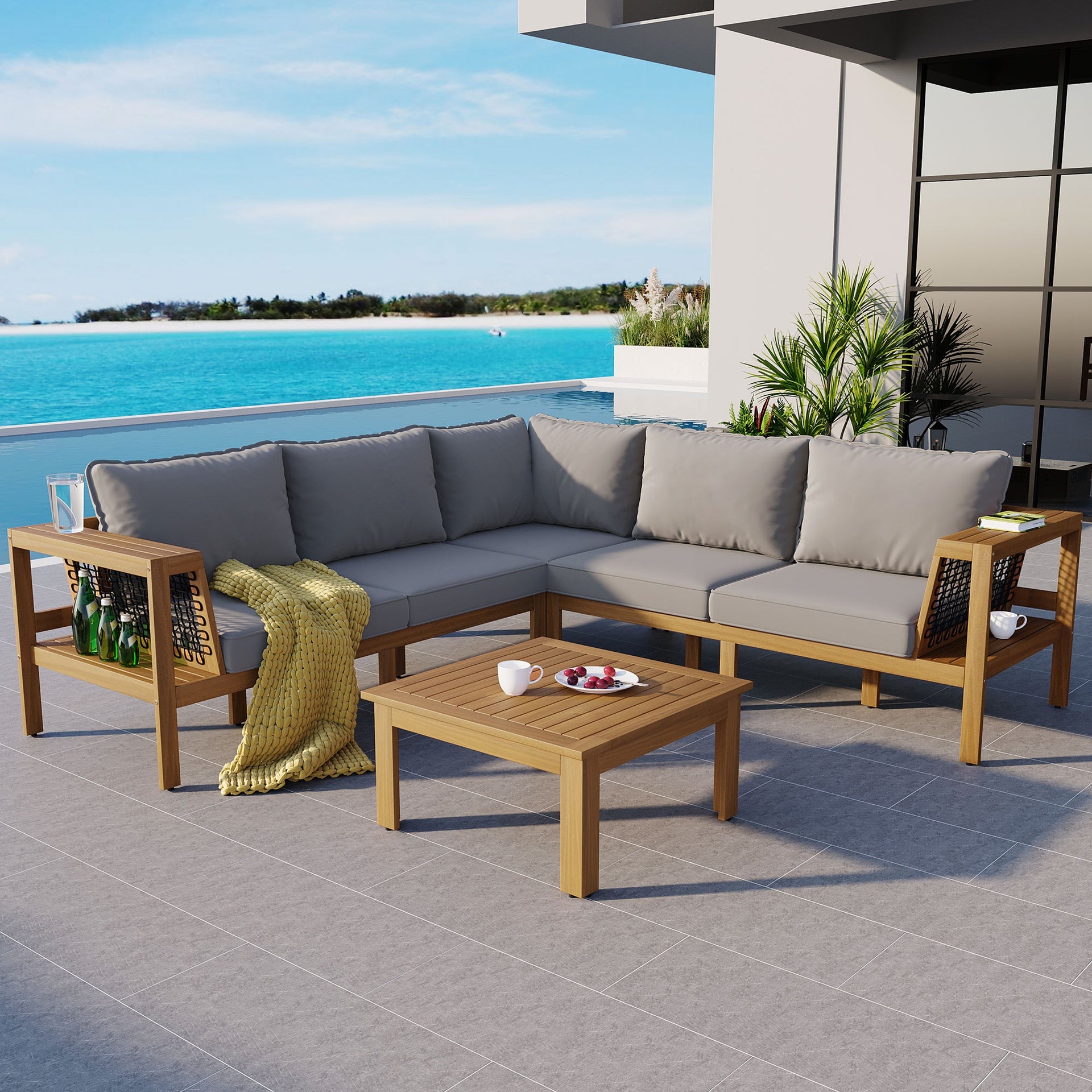 <Old SKU: N704G201249E> 4 Pieces Outdoor Acacia Wood Sofa Set, Woven Mesh Armrests, L-Shaped Patio Furniture Sofa Set with Coffee Table, Outdoor Conversation Set with Gray Cushions and Side Table