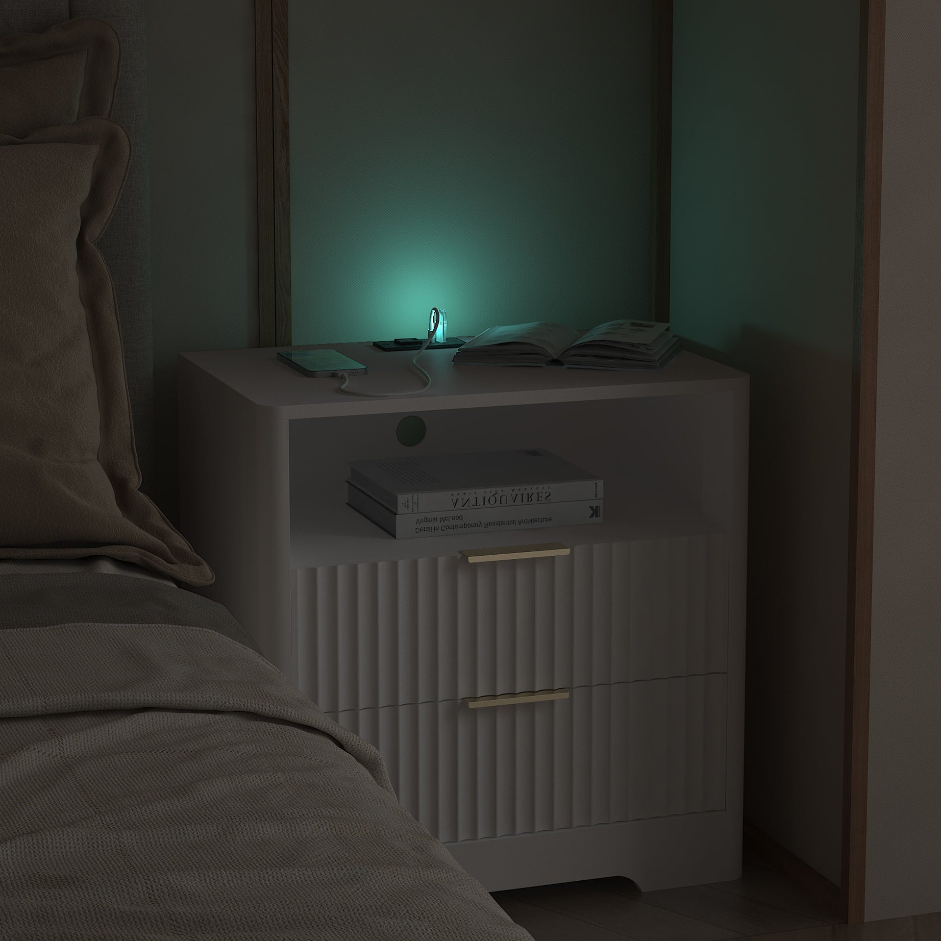 Nightstand with Charging Station, Smart Nightstand with Night Light,Bedside Tables with Storage Cabinet for Bedroom