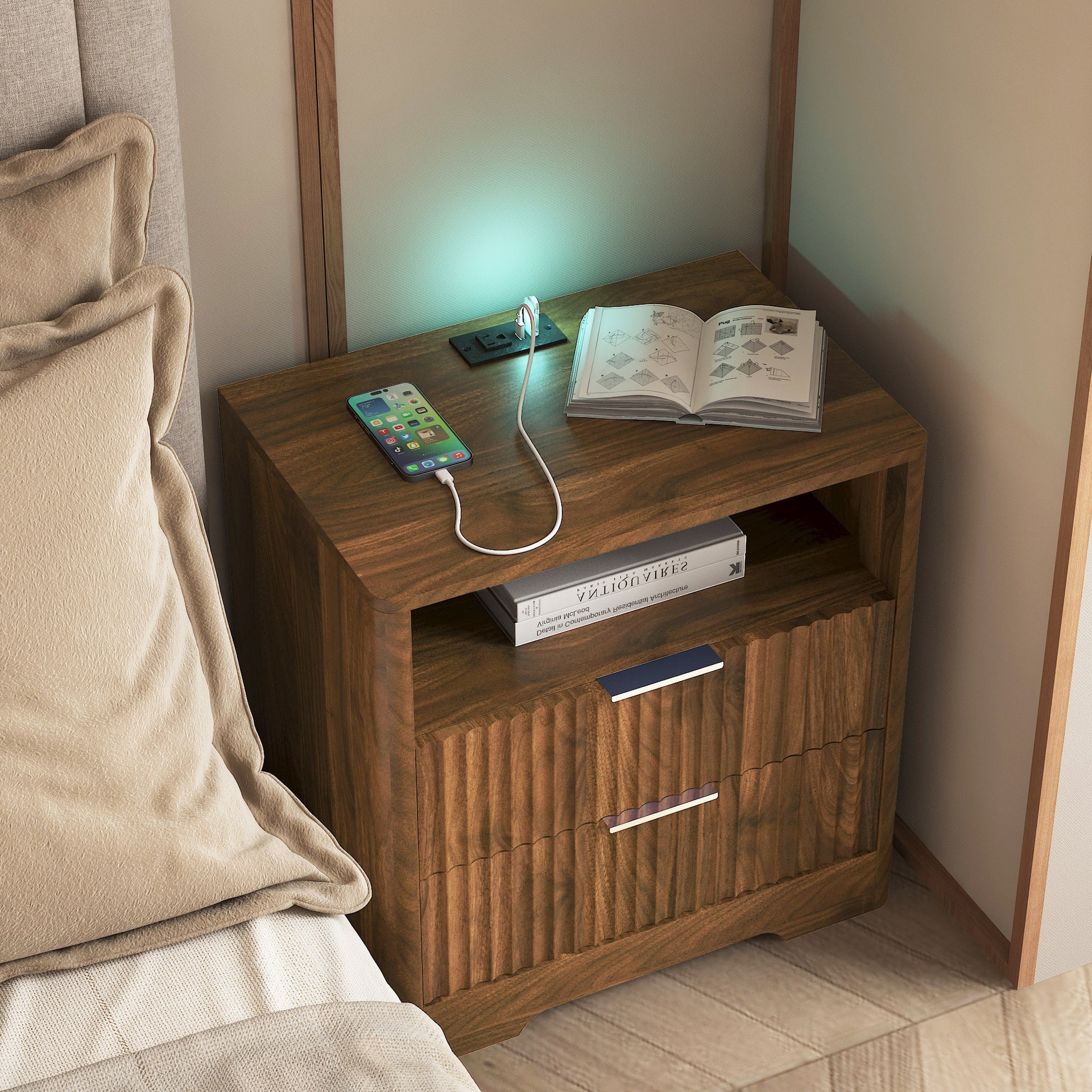 Nightstand with Charging Station, Smart Nightstand with Night Light,Bedside Tables with Storage Cabinet for Bedroom, Wood
