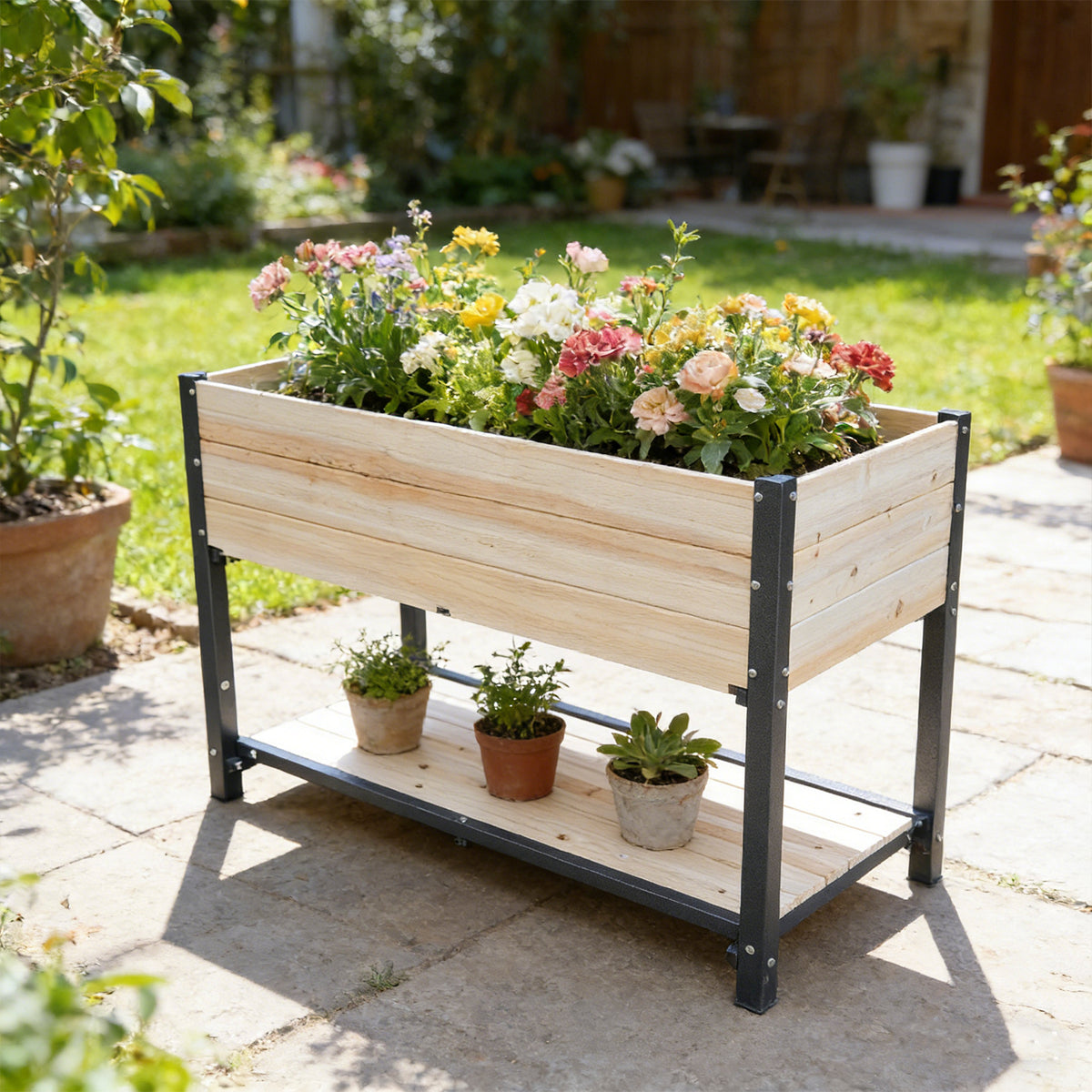 New style:     Solid Wood & Iron Frame Raised Garden Bed - Reversible & Replaceable Wood Panels, No Paint/Formaldehyde, DIY Planter Box for Vegetables, Fruits, Flowers