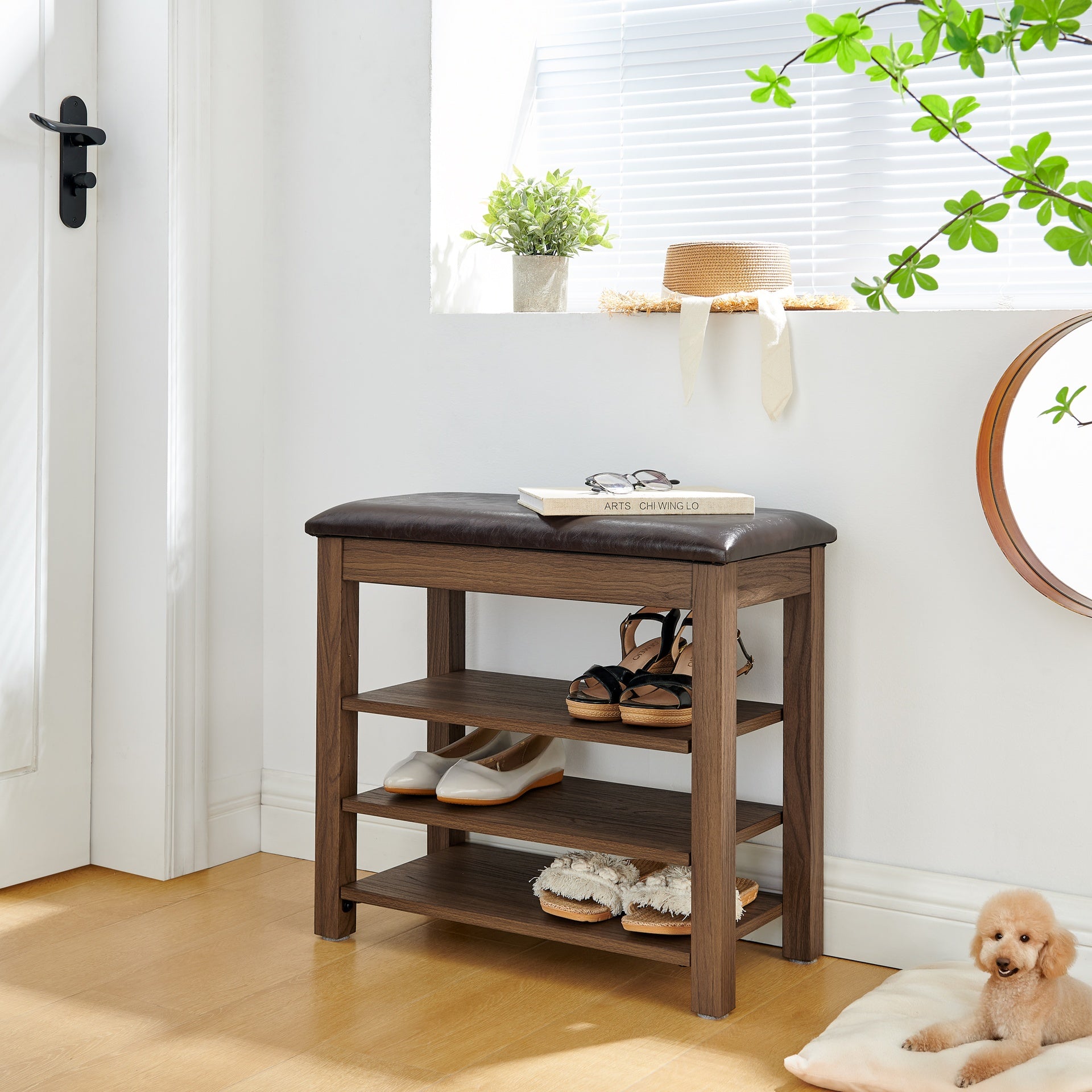 A height-adjustable shoe-changing bench made of high-quality wood, equipped with a comfortable seat and concealed storage space,Natural rubber wood,Brown