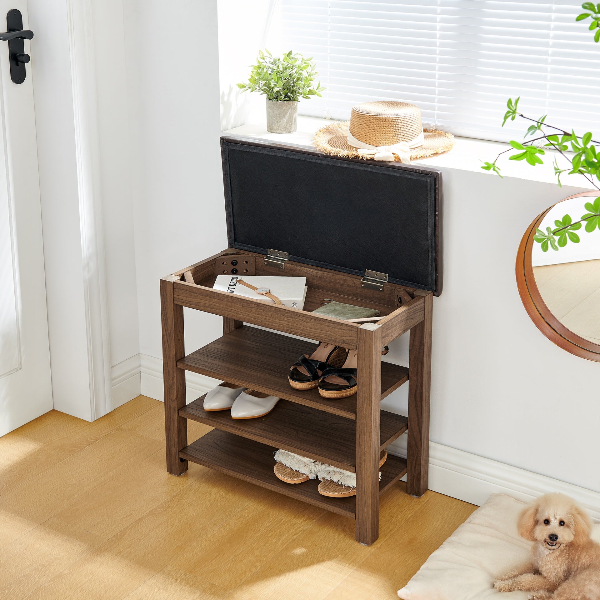 A height-adjustable shoe-changing bench made of high-quality wood, equipped with a comfortable seat and concealed storage space,Natural rubber wood,Brown
