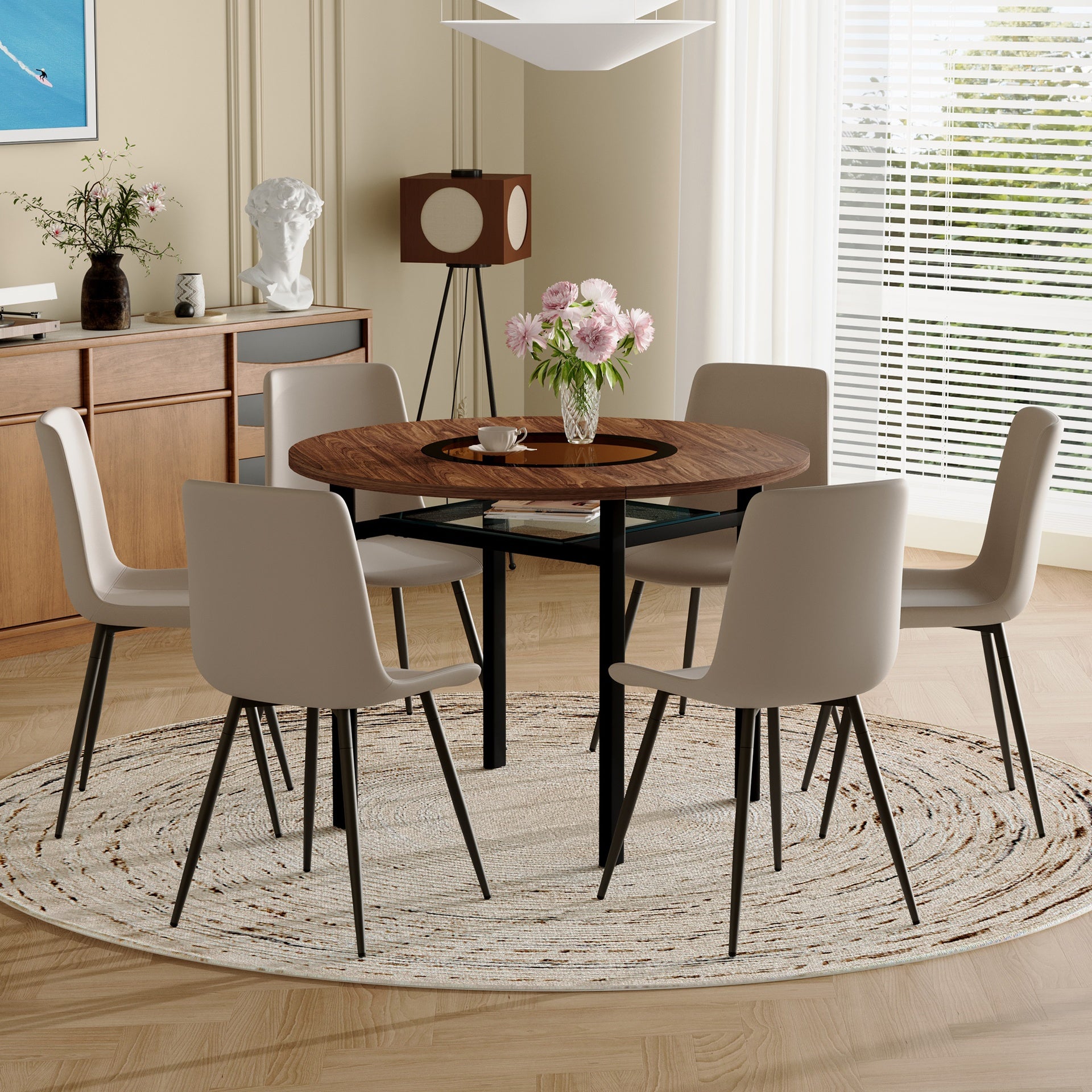 Table and chair set.42 inch modern minimalist brown wood grain round dining table set.Paired with 6 Light Gray Artificial PU Chairs With Curved Widened Cushion Design. Suitable for dining rooms,etc.