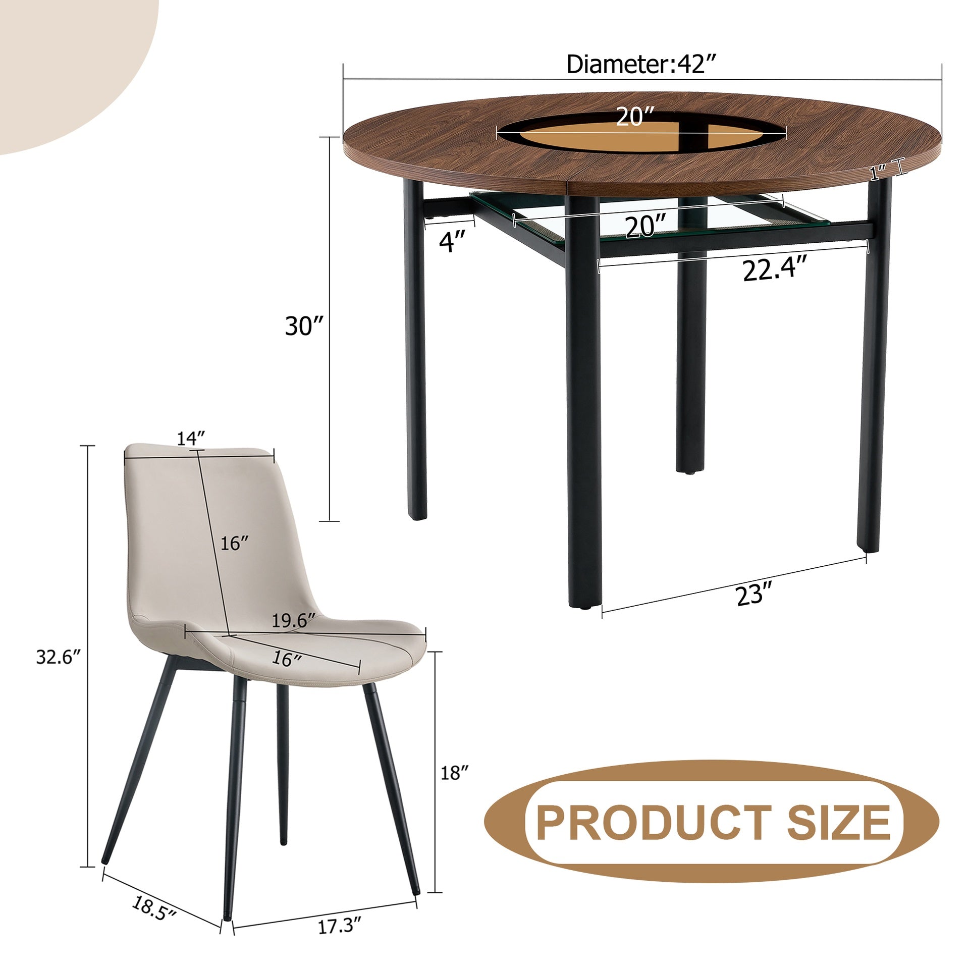 Table and chair set.42 inch modern minimalist brown wood grain round dining table set.Paired with 6 Light Gray Artificial PU Chairs With Curved Widened Cushion Design. Suitable for dining rooms,etc.