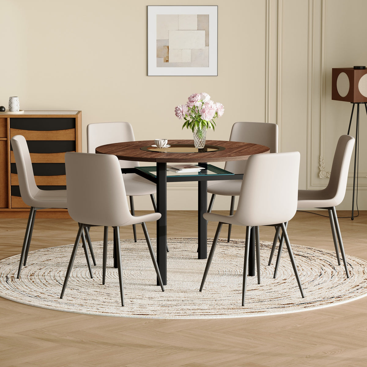 Table and chair set.42 inch modern minimalist brown wood grain round dining table set.Paired with 6 Light Gray Artificial PU Chairs With Curved Widened Cushion Design. Suitable for dining rooms,etc.