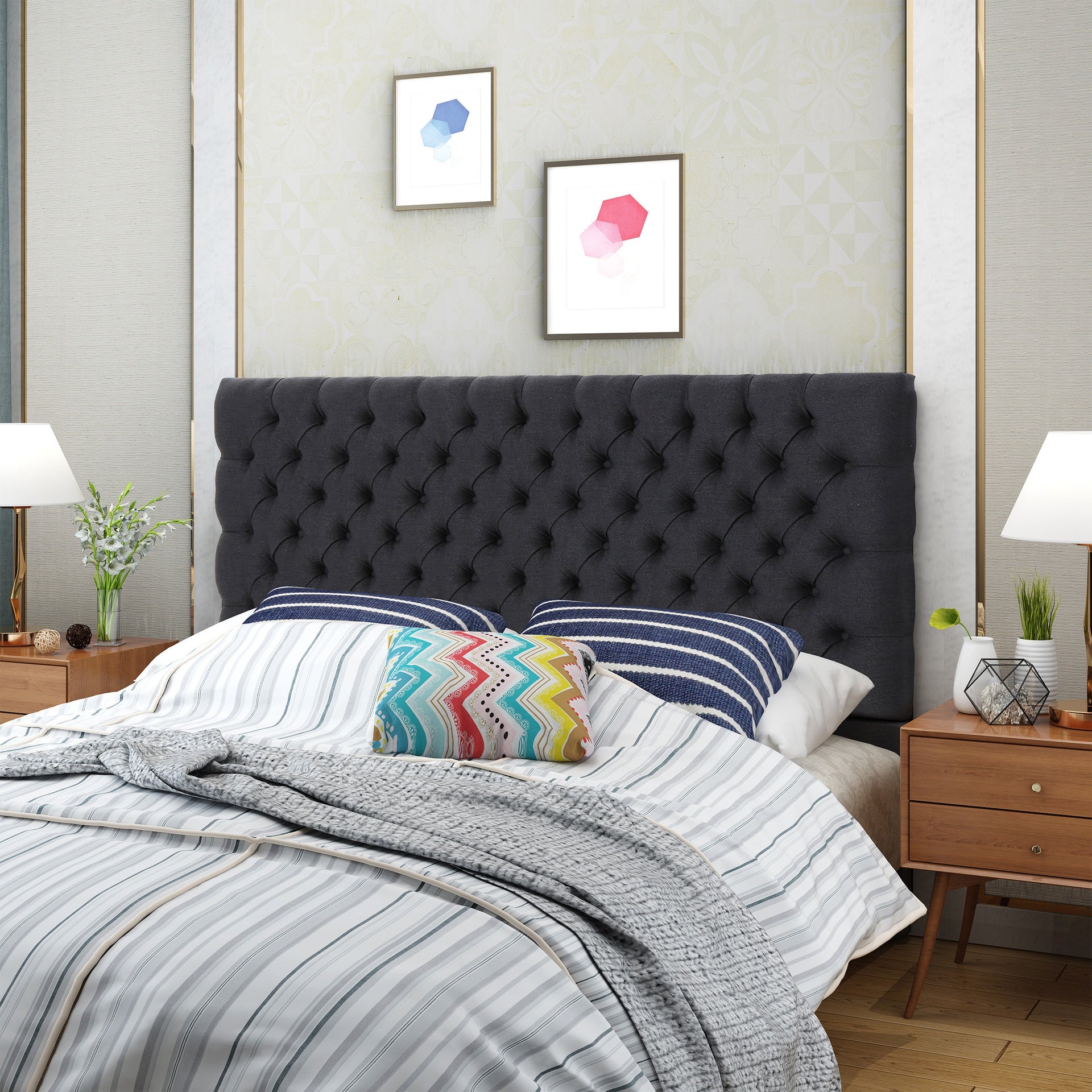 Tufted Upholstered Queen Size Bed Headboard in Modern Button Design, Adjustable Solid Wood Head Board, Solid Wood Head Board with Durable Metal Legs in Bedroom