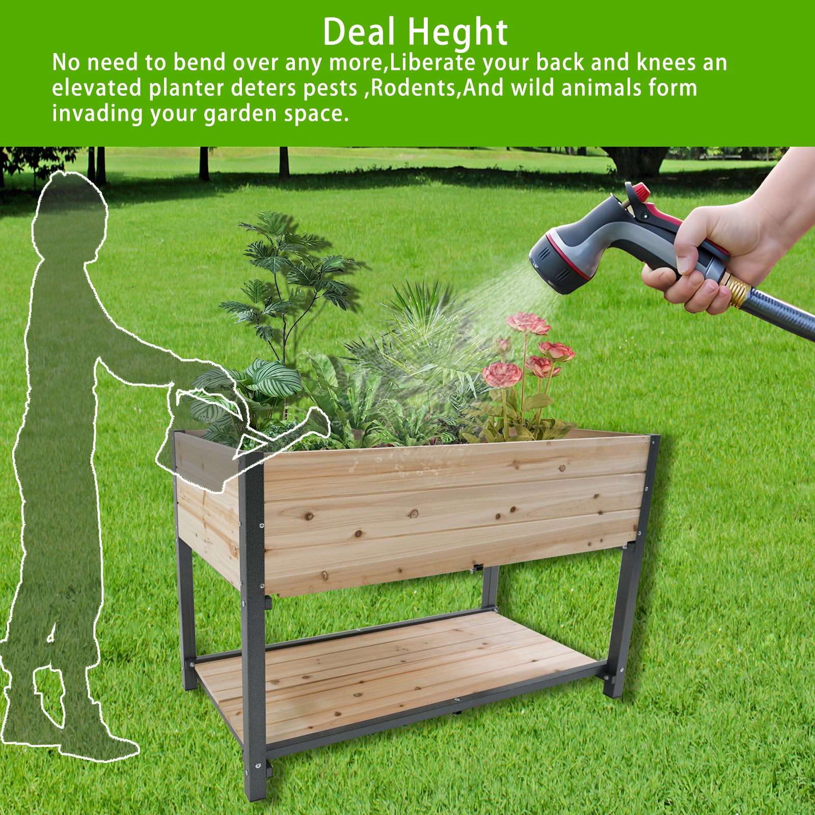 New style:     45"  Iron-wood combined growing beds with feet and storage racks. Suitable for various places such as gardens, backyards, terraces, balconies, etc.