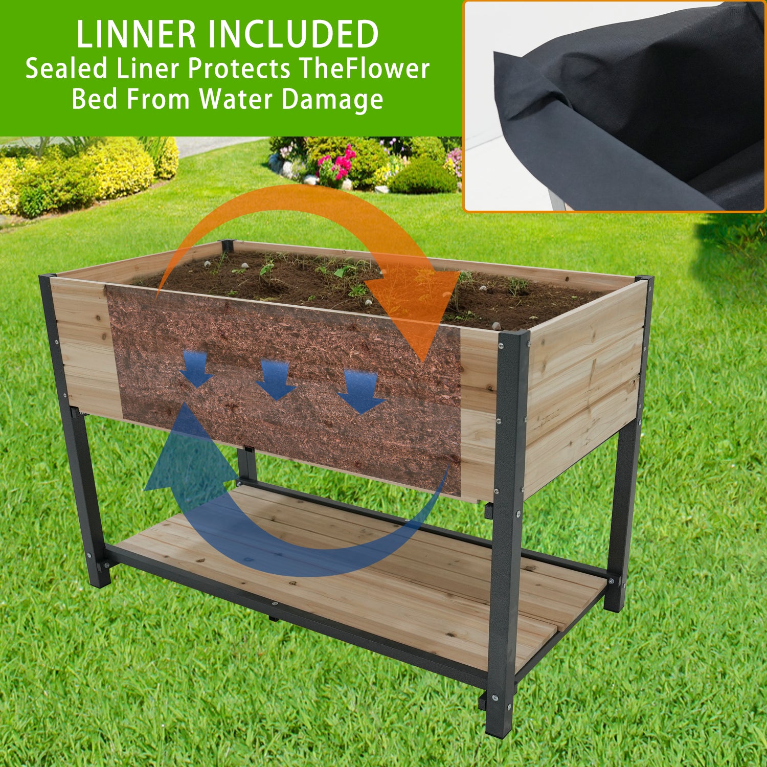 New style:     45"  Iron-wood combined growing beds with feet and storage racks. Suitable for various places such as gardens, backyards, terraces, balconies, etc.