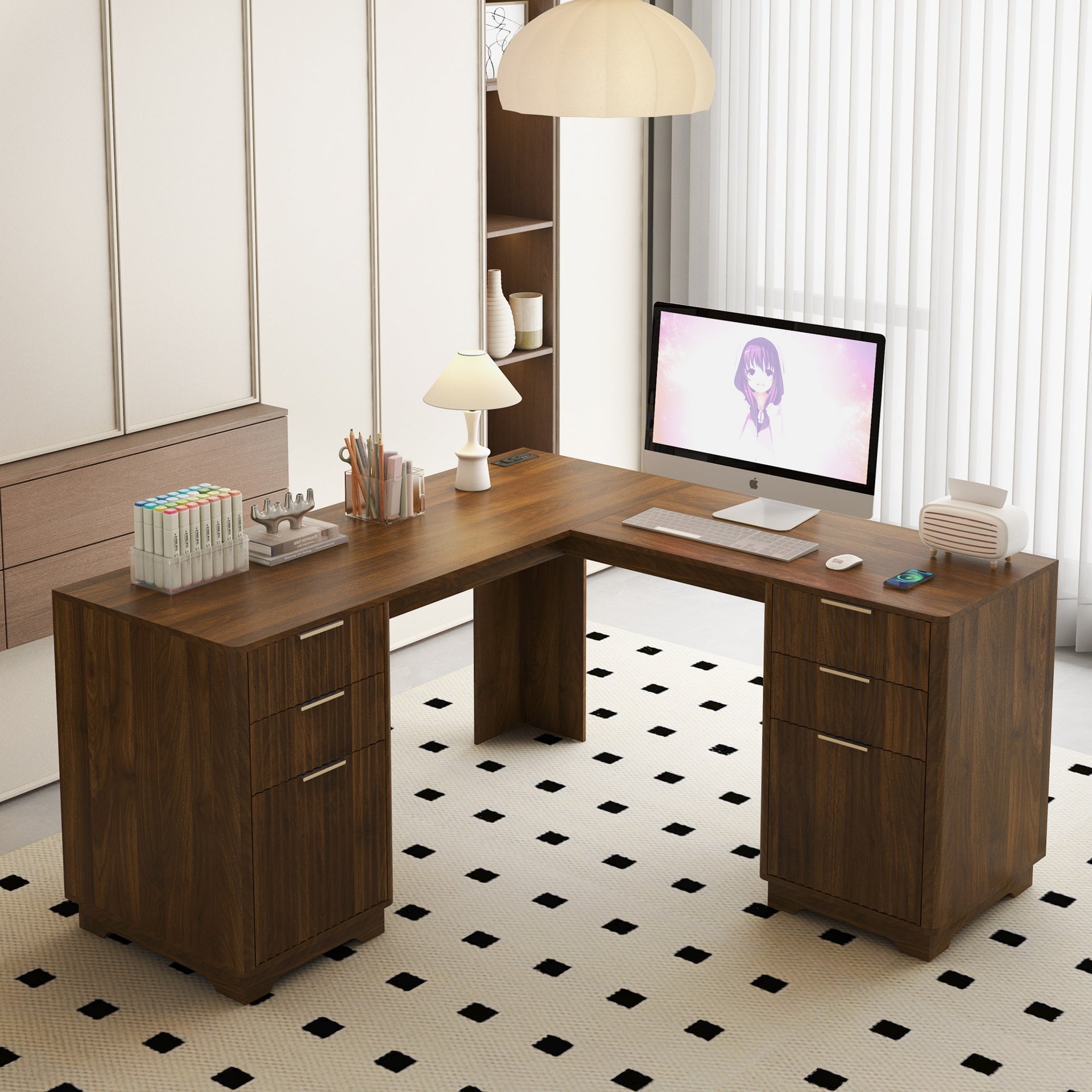 L Shaped Desk,Computer Desk with Drawers,Bookshelf,Modern Corner Desk,Home Office Desk,L-Shaped Study Table Writing Desk,Corner Gaming Computer Desk with Storage