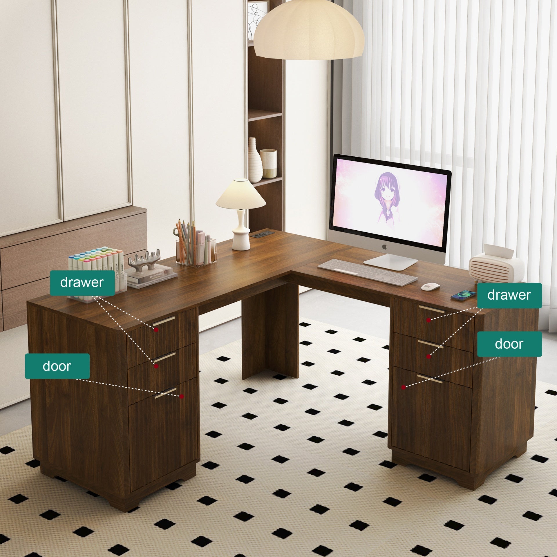 L Shaped Desk,Computer Desk with Drawers,Bookshelf,Modern Corner Desk,Home Office Desk,L-Shaped Study Table Writing Desk,Corner Gaming Computer Desk with Storage