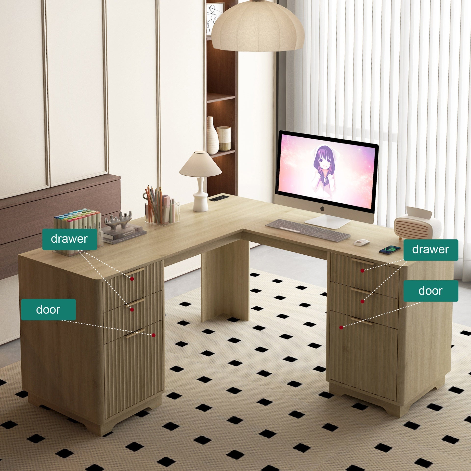 L Shaped Desk,Computer Desk with Drawers,Bookshelf,Modern Corner Desk,Home Office Desk,L-Shaped Study Table Writing Desk,Corner Gaming Computer Desk with Storage