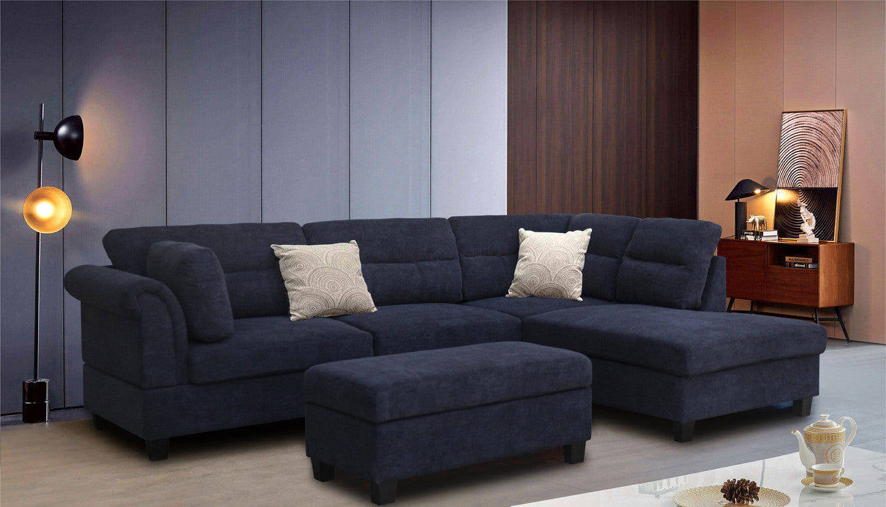 Domenico 100"W Black Fabric Sectional Sofa with Right Facing Chaise, Storage Ottoman, and 2 Accent Pillows