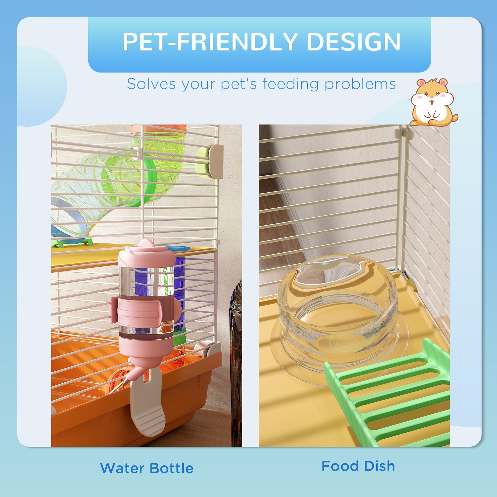 PawHut 18" 5 Tier Hamster Cage with Tubes and Tunnels, Small Animal Cage with Portable Carry Handle, Gerbil Cage with Water Bottle, Food Dish, Exercise Wheel, Orange